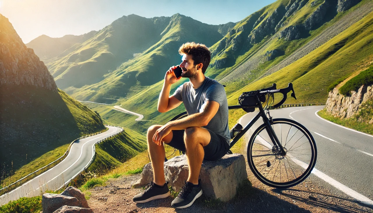 DALL·E 2024-12-11 11.15.15 - A cyclist taking a break on a mountain road, sitting on a rock or leaning against a bike, talking on a smartphone. The background shows a stunning mou